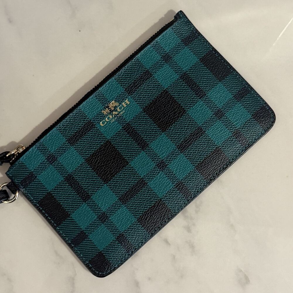 Coach Riley Teal & Black Plaid Small Wristlet